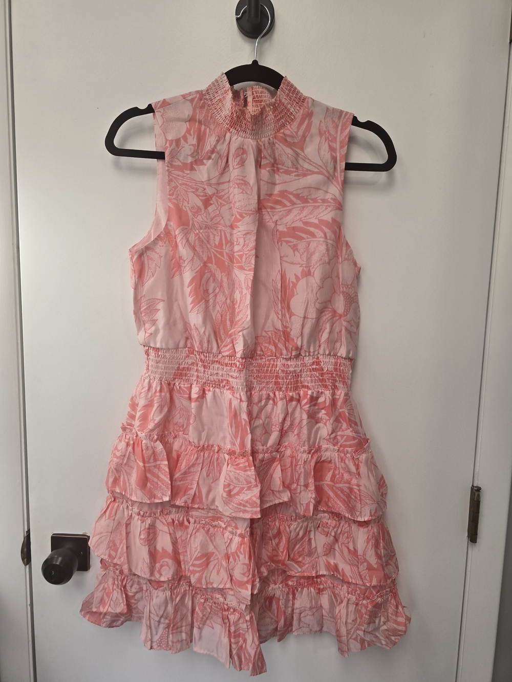 1. State Coral Mock Neck Sleeveless Ruffled Floral Print Minidress-Med Vacation!